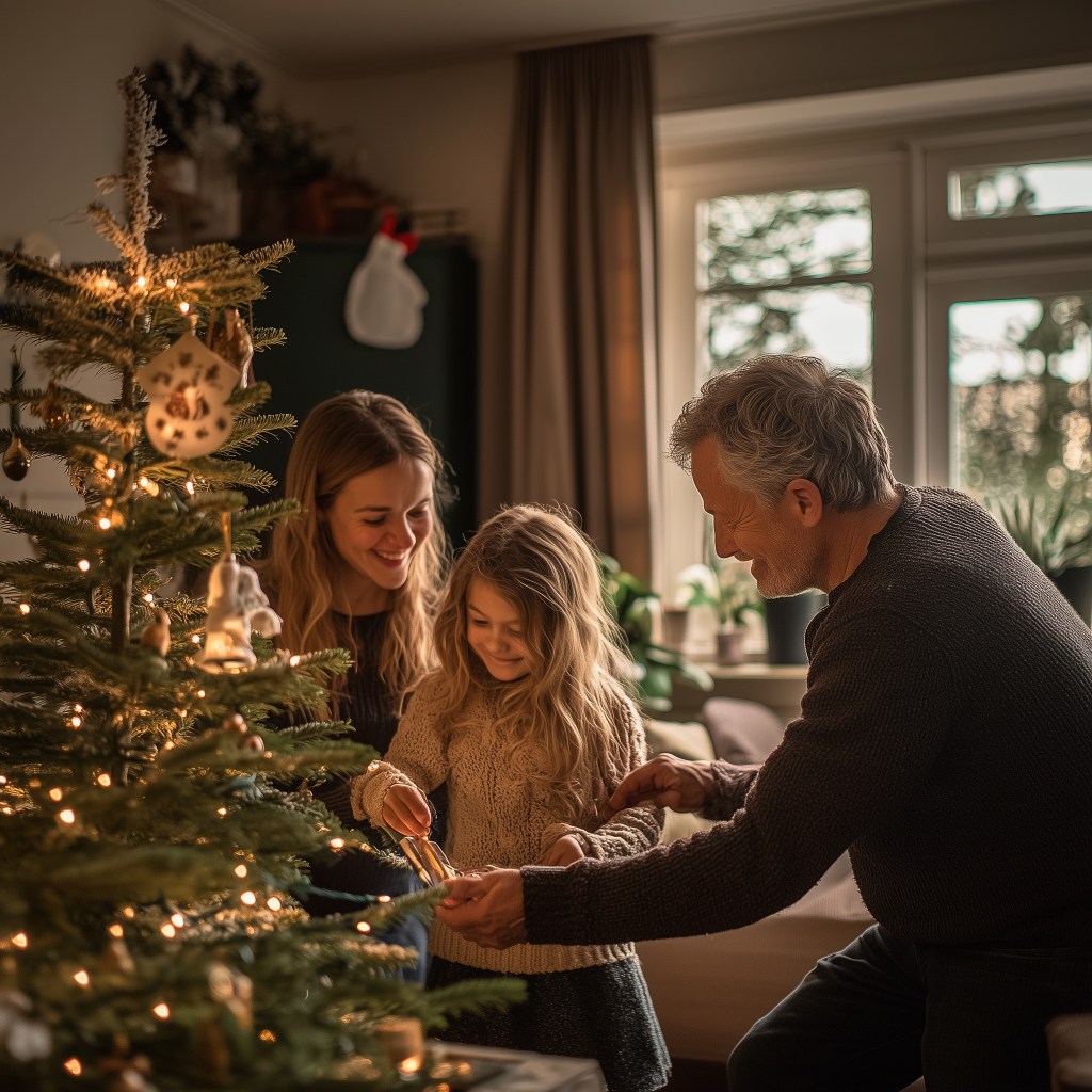 Familia decorando árbol de Navidad - Imagen: Blanca Campos