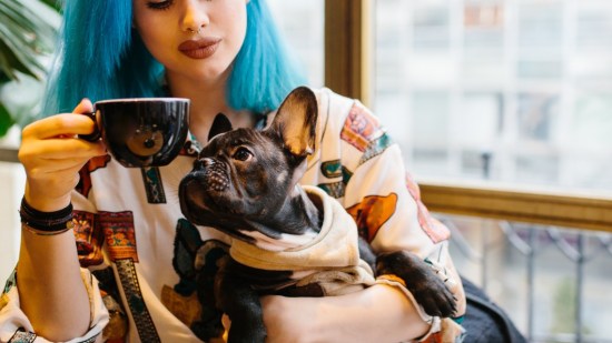mujer con perro en cafeteria