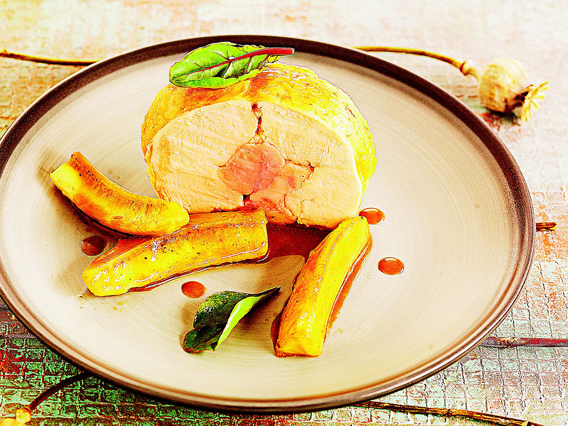 Rollitos de pollo al plátano macho y miel