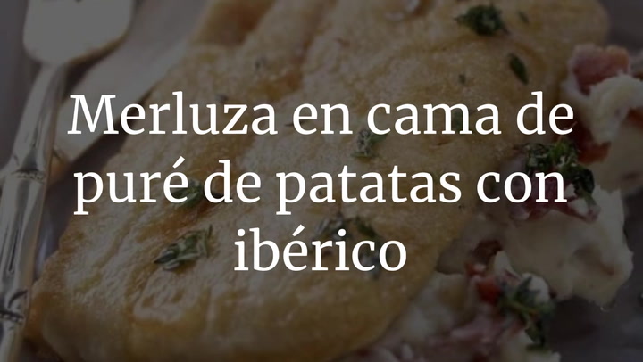 Merluza en cama de puré de patatas con ibérico