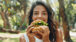 Una mujer disfrutando de un sándwich