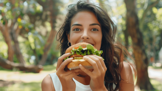 Una mujer disfrutando de un sándwich