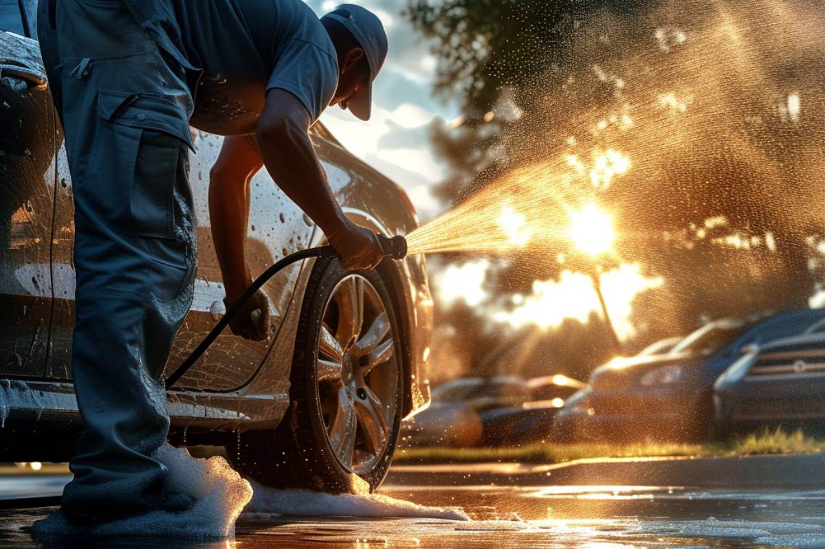 Una persona lavando los bajos de un coche