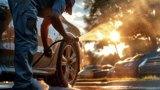 Una persona lavando los bajos de un coche