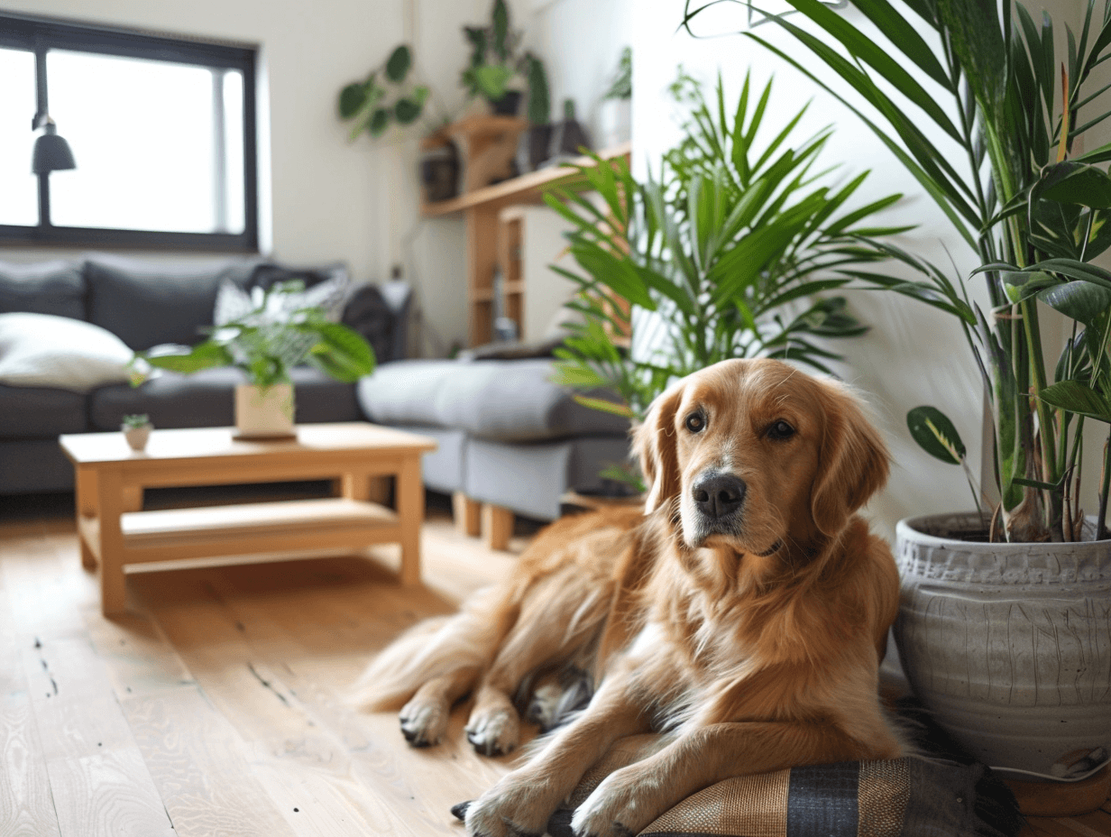 Un perro descansa en un salón con plantas
