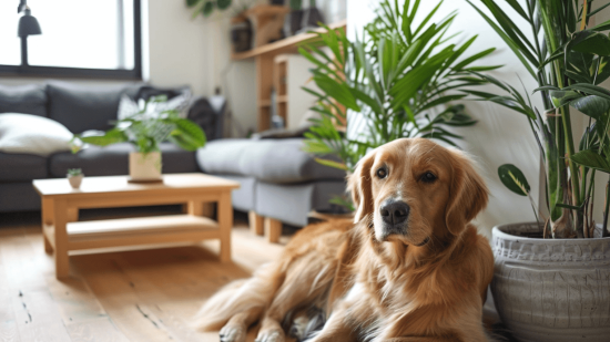Un perro descansa en un salón con plantas