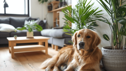 Un perro descansa en un salón con plantas