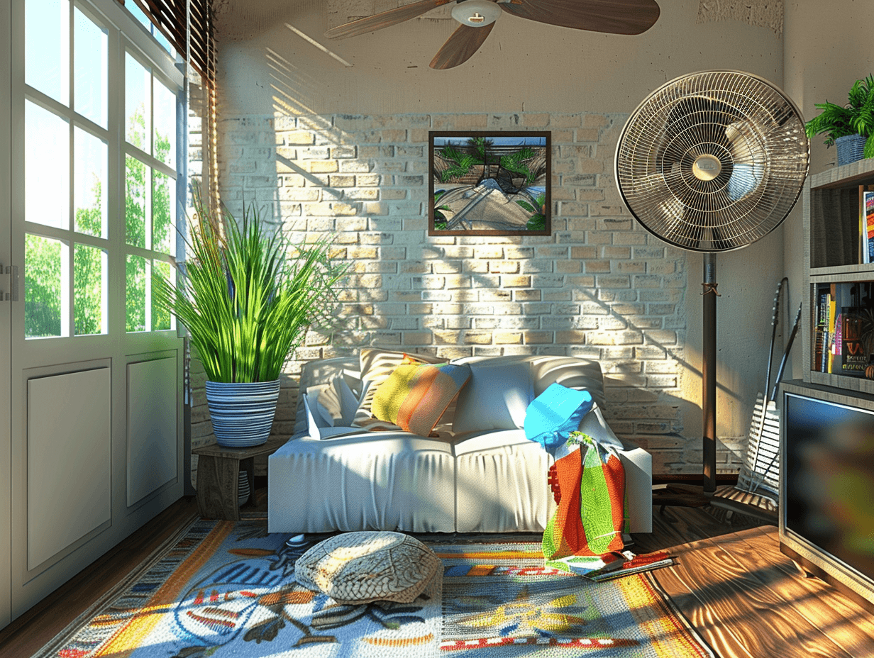 El salón de una casa con un ventilador de pie