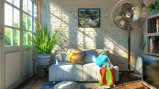 El salón de una casa con un ventilador de pie