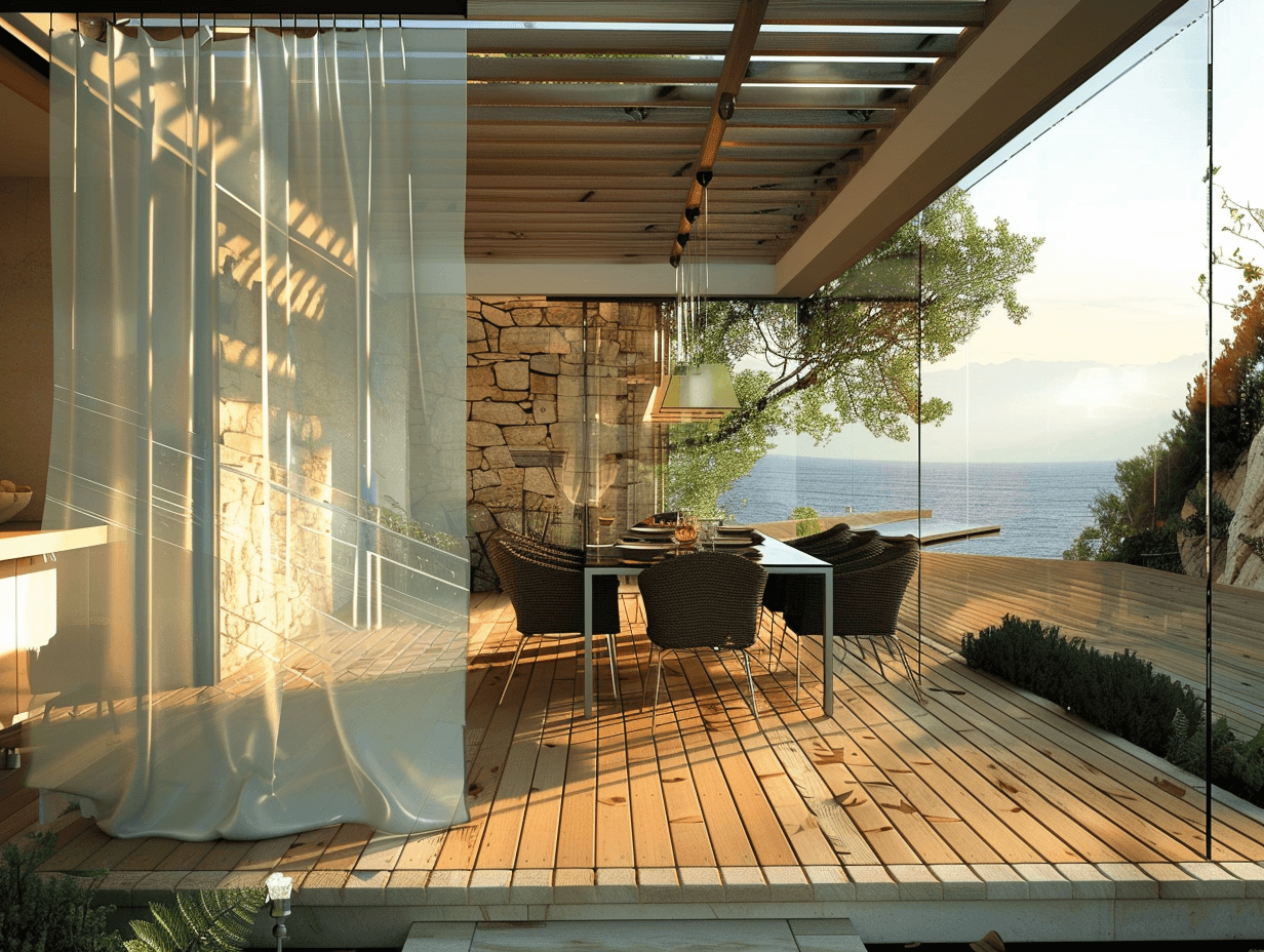 Una terraza con cortinas de cristal