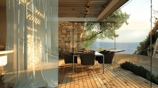 Una terraza con cortinas de cristal