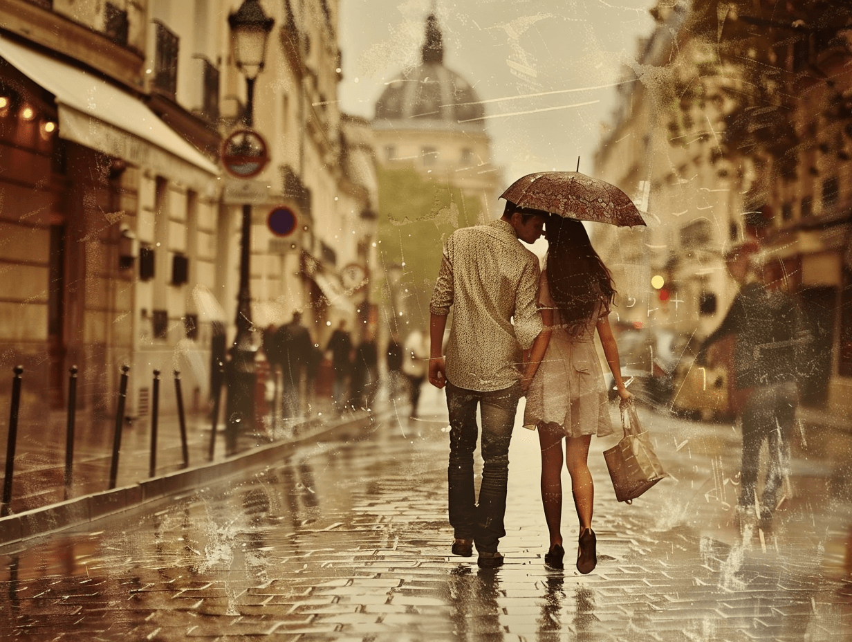 Una pareja pasea de la mano bajo la lluvia