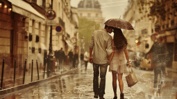 Una pareja pasea de la mano bajo la lluvia
