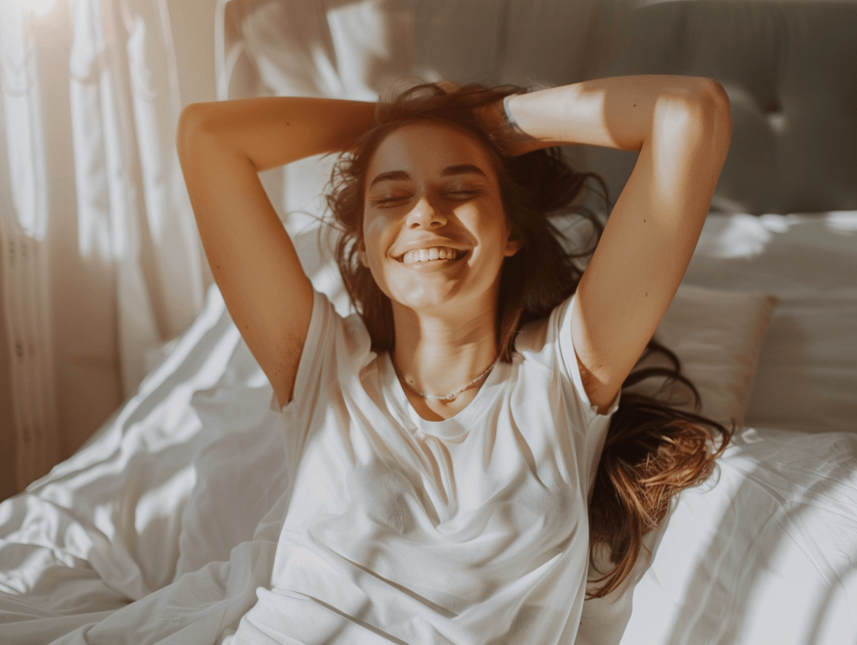 Un mujer se levanta de la cama de buen humor