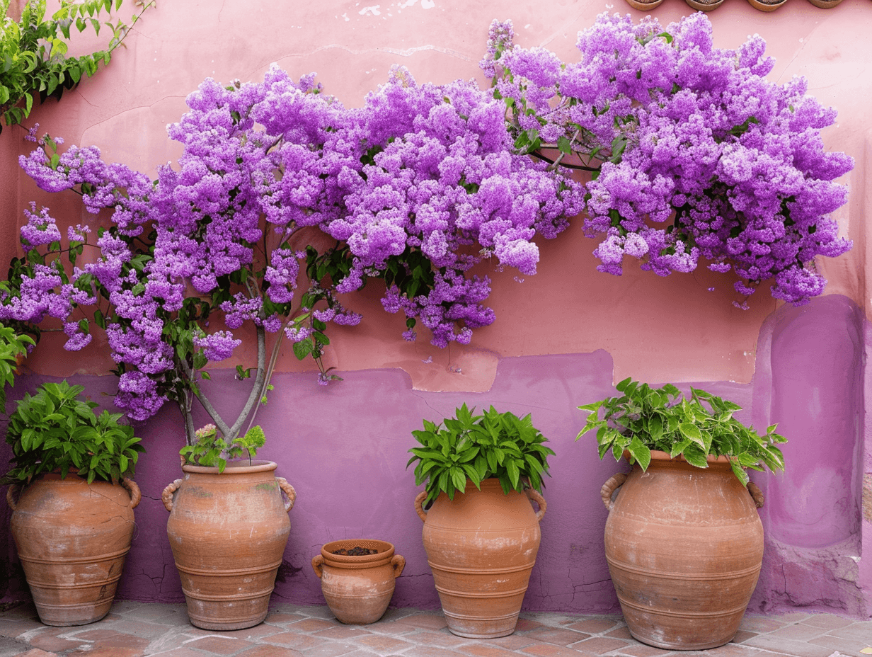 Precioso patio con flores lilas