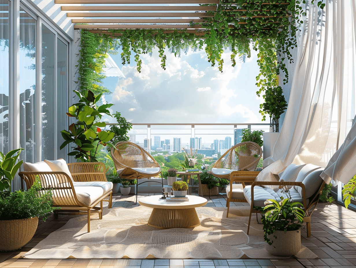 Una terraza con plantas colgantes