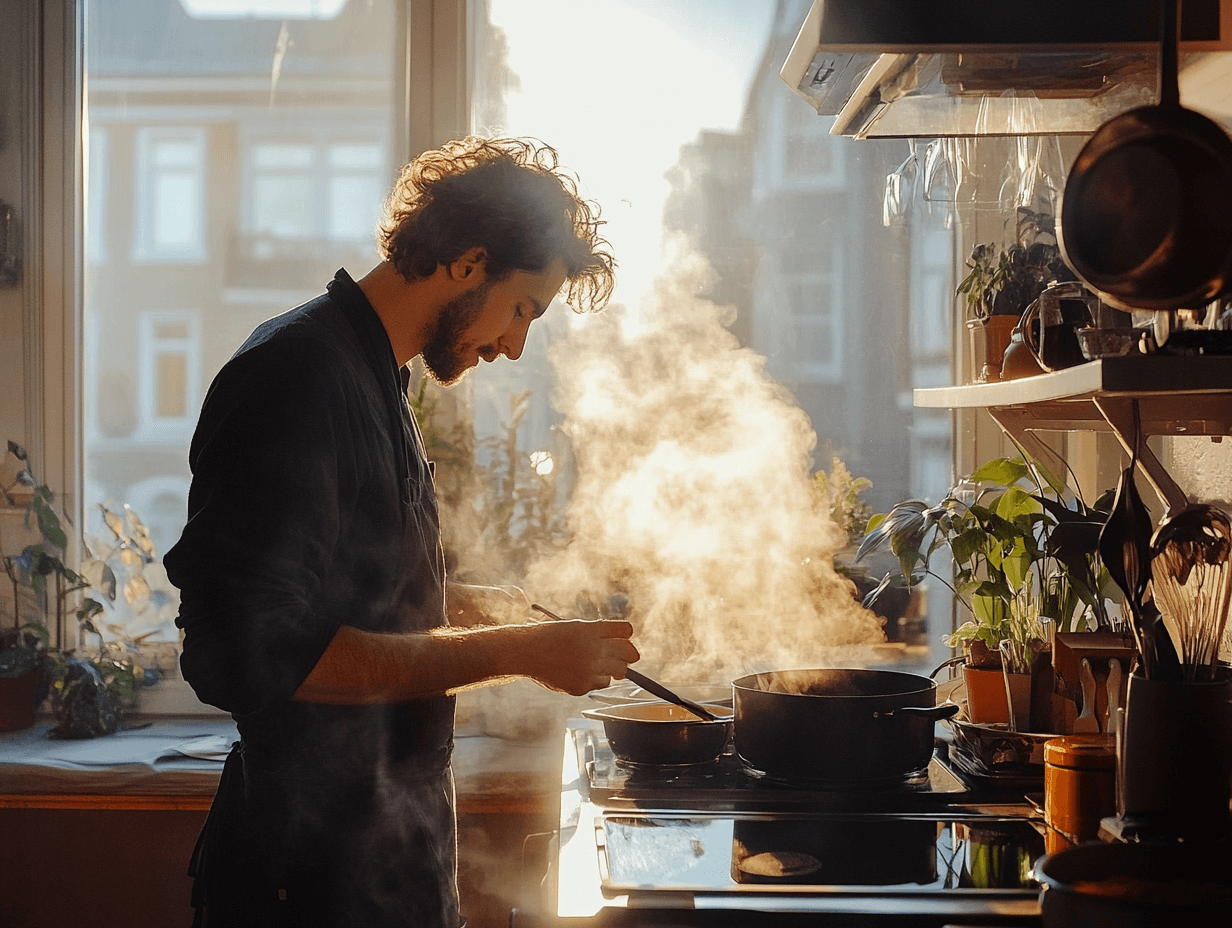 Un hombre cocinando la comida en casa