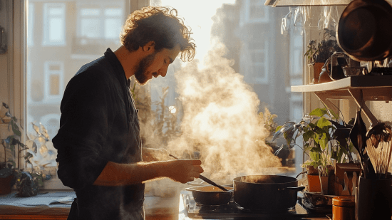 Un hombre cocinando la comida en casa