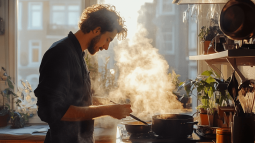 Un hombre cocinando la comida en casa