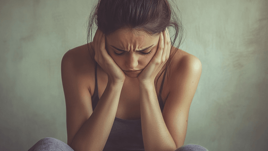 Una mujer se lleva las manos a la cara por el dolor