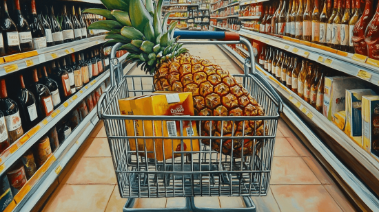 Imagen de un carro con una piña de tamaño desproporcionado en la sección de vinos de un supermercado