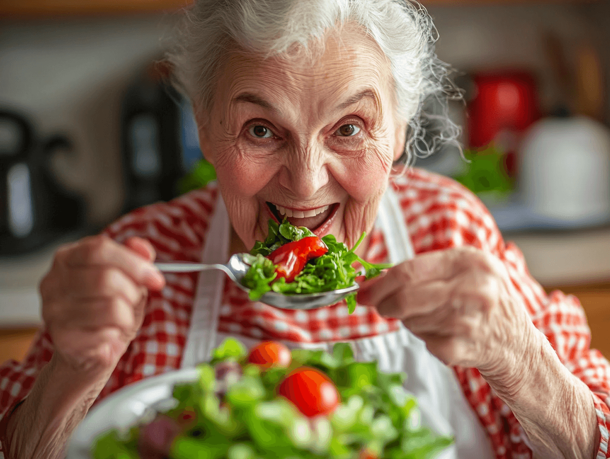 Una mujer mayor comiendo verdura de hoja verde
