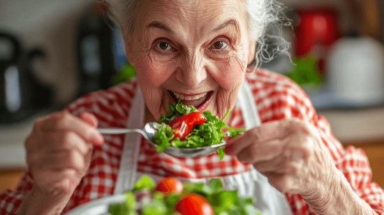 Una mujer mayor comiendo verdura de hoja verde