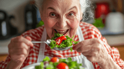Una mujer mayor comiendo verdura de hoja verde