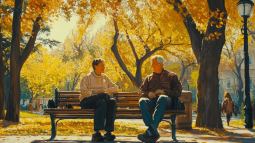 Dos personas charlan en un banco al aire libre en otoño