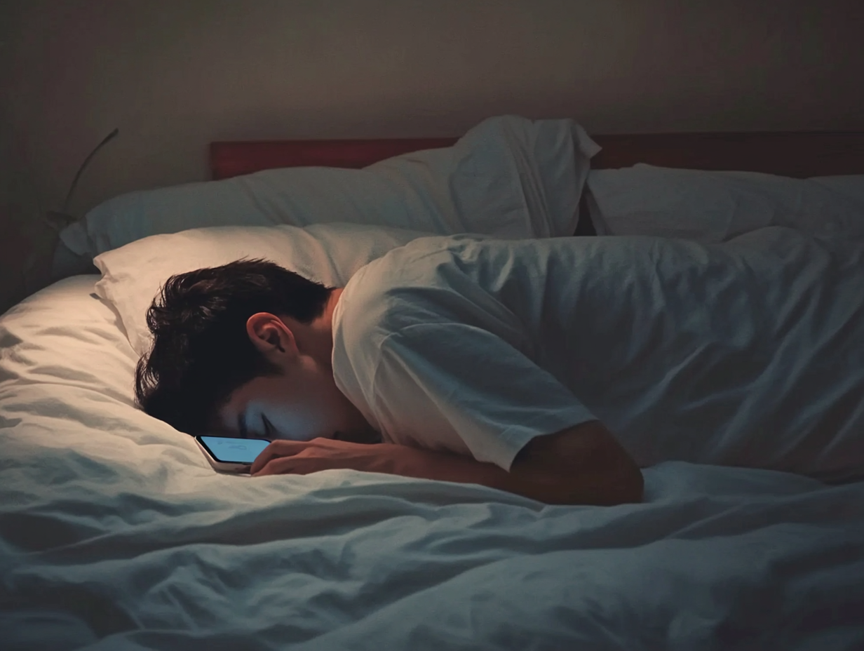 Un chico durmiendo con su móvil encendido