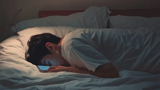 Un chico durmiendo con su móvil encendido