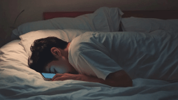 Un chico durmiendo con su móvil encendido