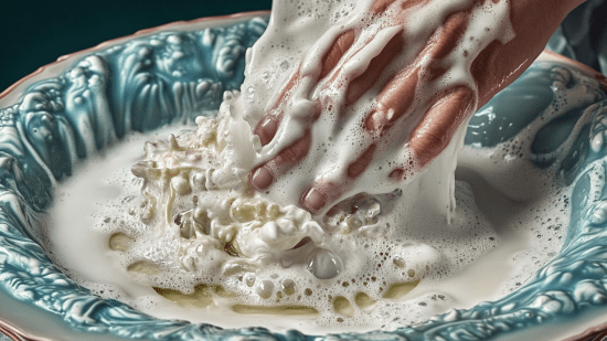 Un apersona lavando un plato con mucho jabón