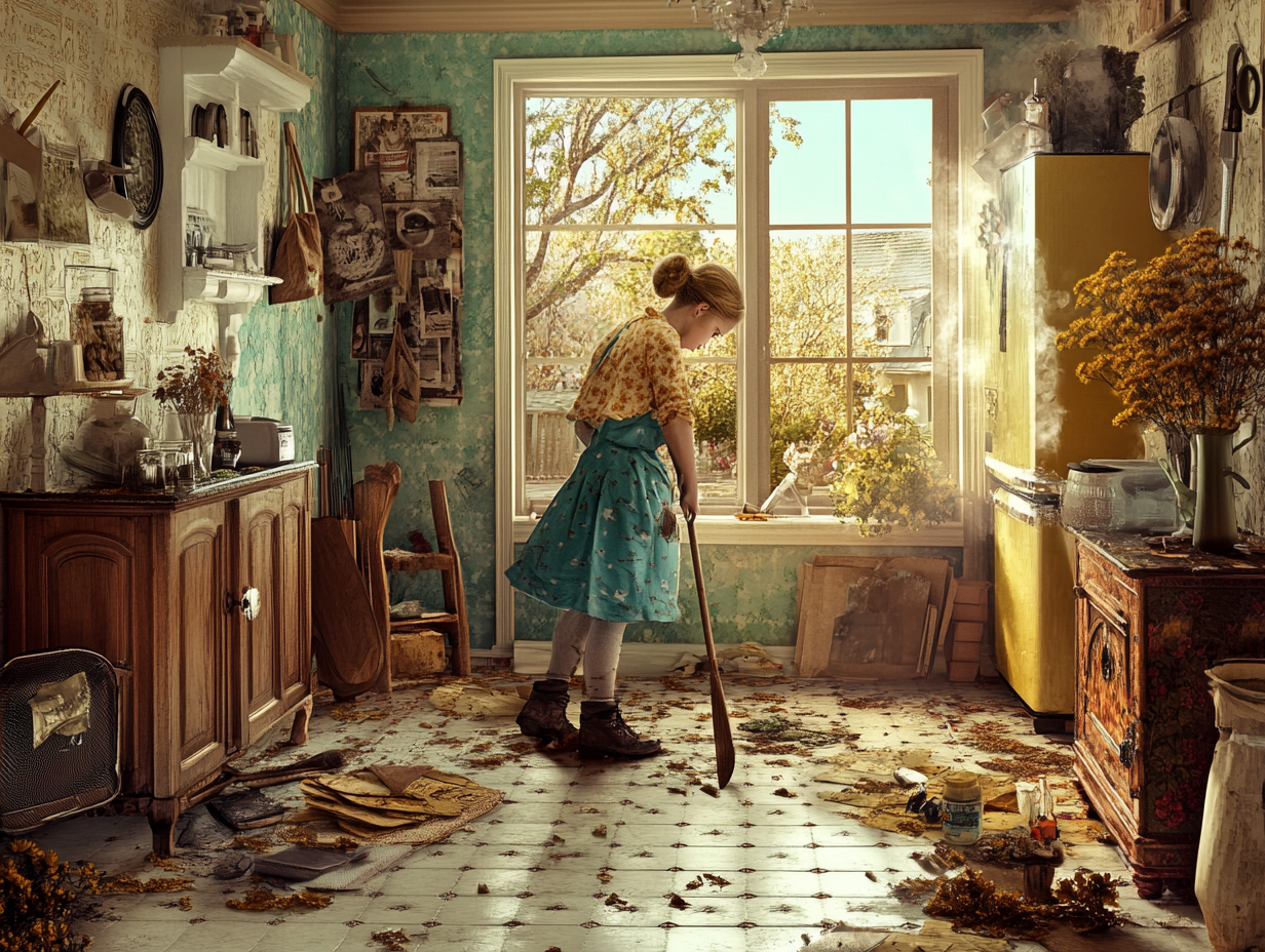 Una mujer limpiando una cocina sucia y desordenada