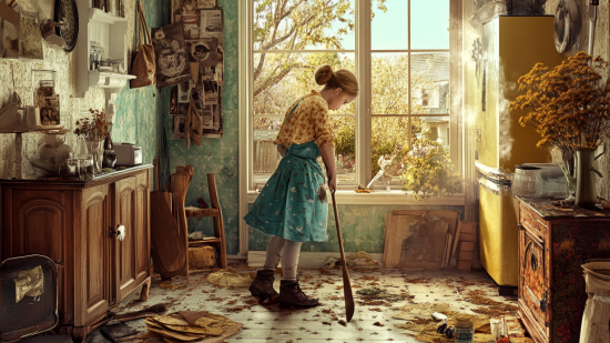 Una mujer limpiando una cocina sucia y desordenada