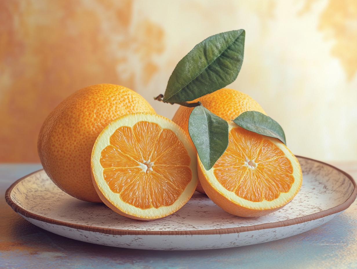 Un plato con un par de naranjas