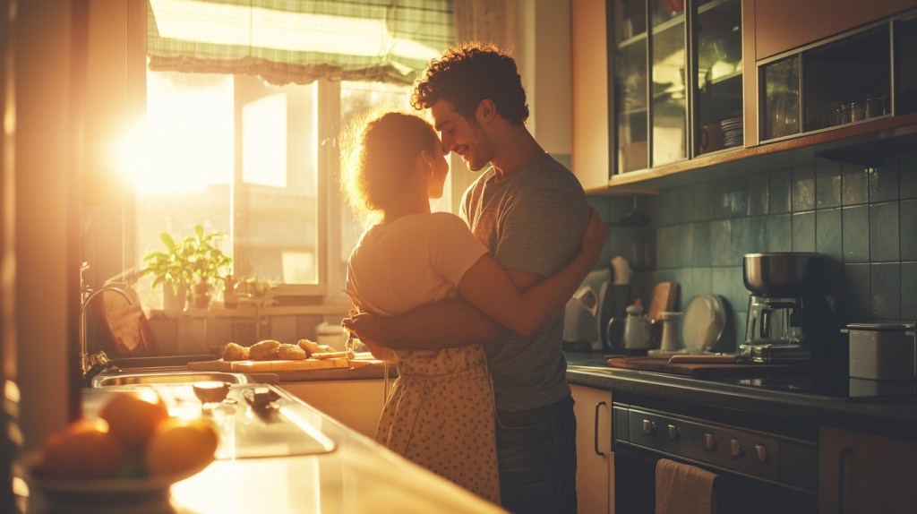 Pareja abrazada en la cocina (Imagen: Blan